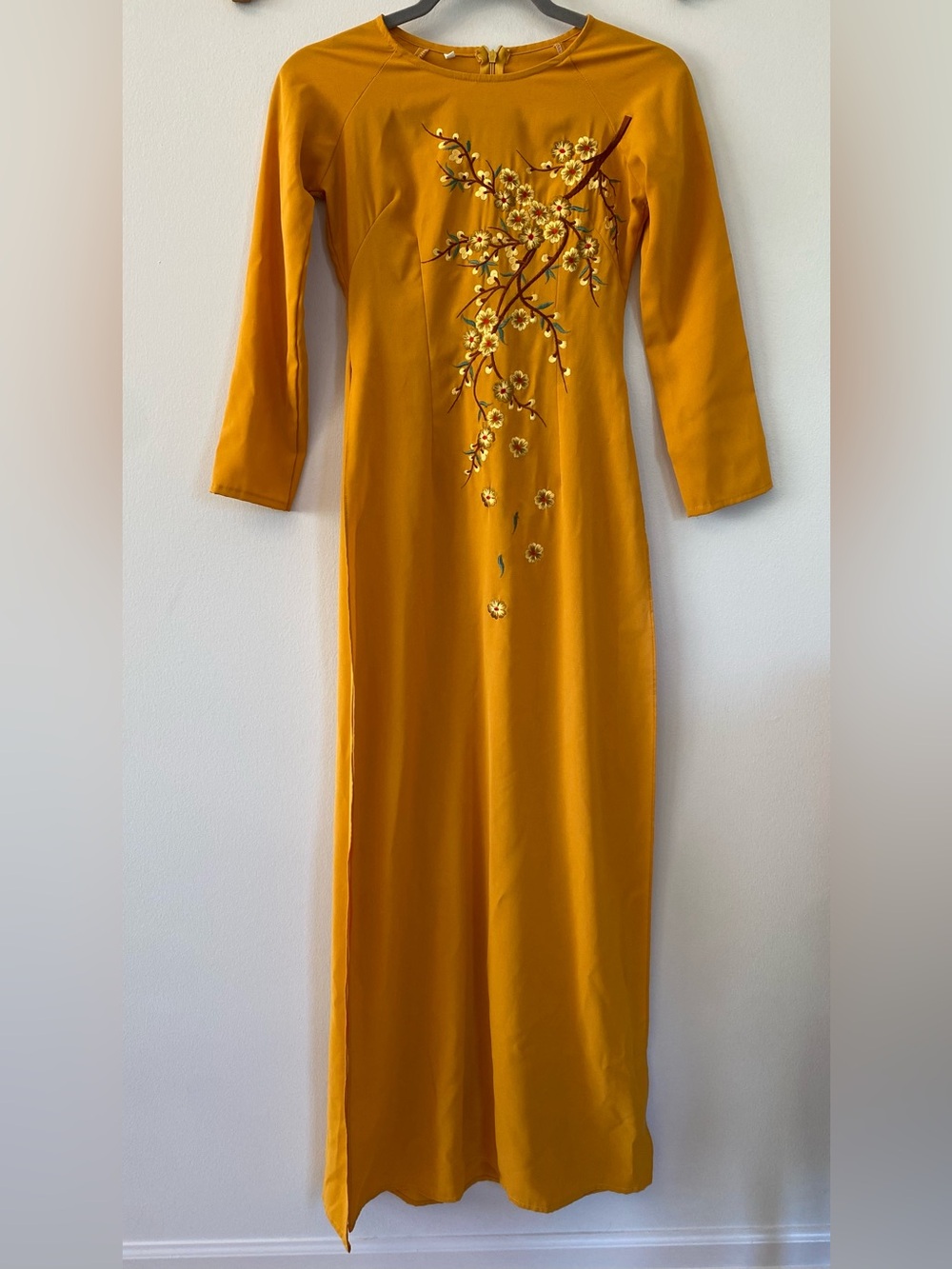 Boho Slit Tunic Dress - Sky Mustard Yellow with Floral Embroidery